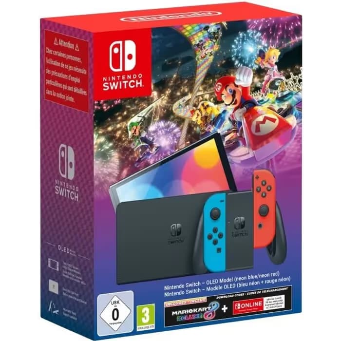 Console Nintendo Switch - Modèle OLED • Bleu Néon & Rouge Néon + Mario Kart 8 Deluxe (Code) + 3 mois d'abonnement NSO (Code) 2