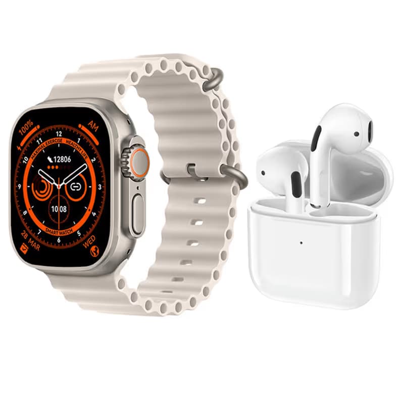 Montre Connectée T55 ULTRA MAX + 2 Ceintures + Ecouteur - Blanc 1