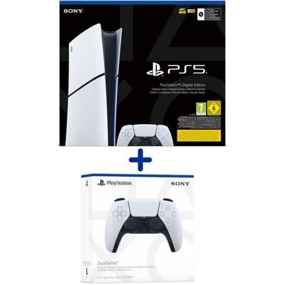 Pack PS5 Digital : Console PS5 Digitale (Modèle Slim) + 2ème Manette sans fil PS5 DualSense Blanche