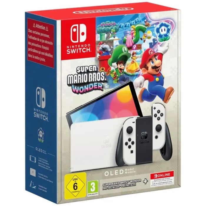 Console Switch - Modèle OLED • Blanc + Super Mario Bros Wonder (Pré-installé) + 12 mois d'abonnement NSO (Code)