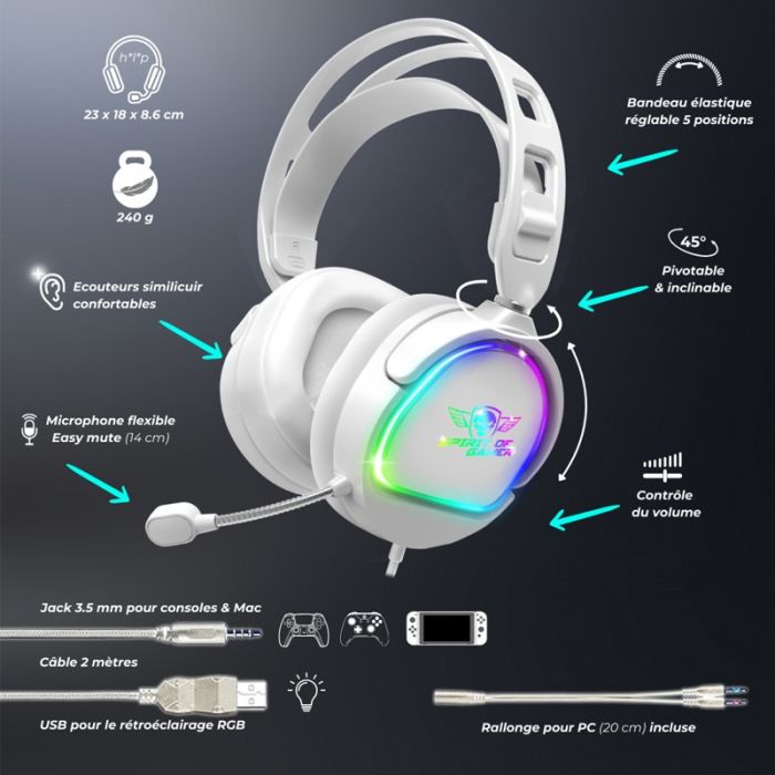 Micro Casque Gaming Filaire Spirit Of Gamer Pro H6 RGB - Blanc