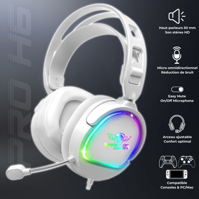 Micro Casque Gaming Filaire Spirit Of Gamer Pro H6 RGB - Blanc
