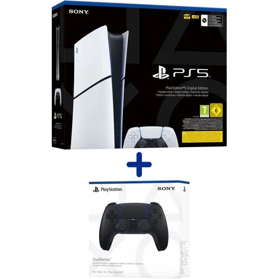 Pack PS5 Digital : Console PS5 Digitale (Modèle Slim) + 2ème Manette sans fil PS5 DualSense Noire