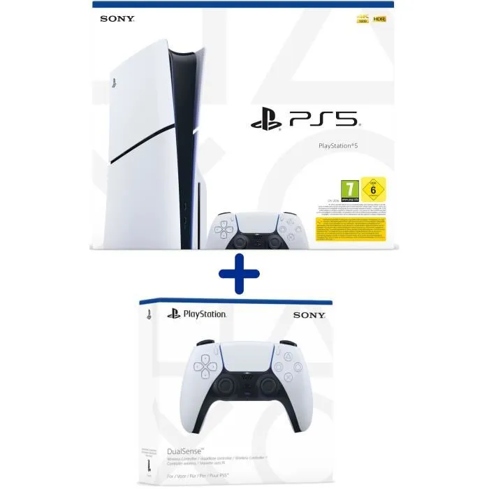 Pack PS5 Standard : Console PS5 (Modèle Slim) + 2ème Manette sans fil PS5 Dual Sense Blanche