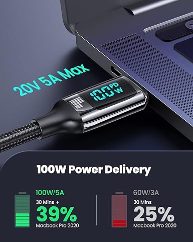 Câble de Chargeur Gevo Type-C LCD Data 100W - Noir