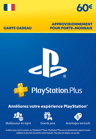 Carte d'Approvisionnement pour porte monnaie PlayStation Plus 60euro