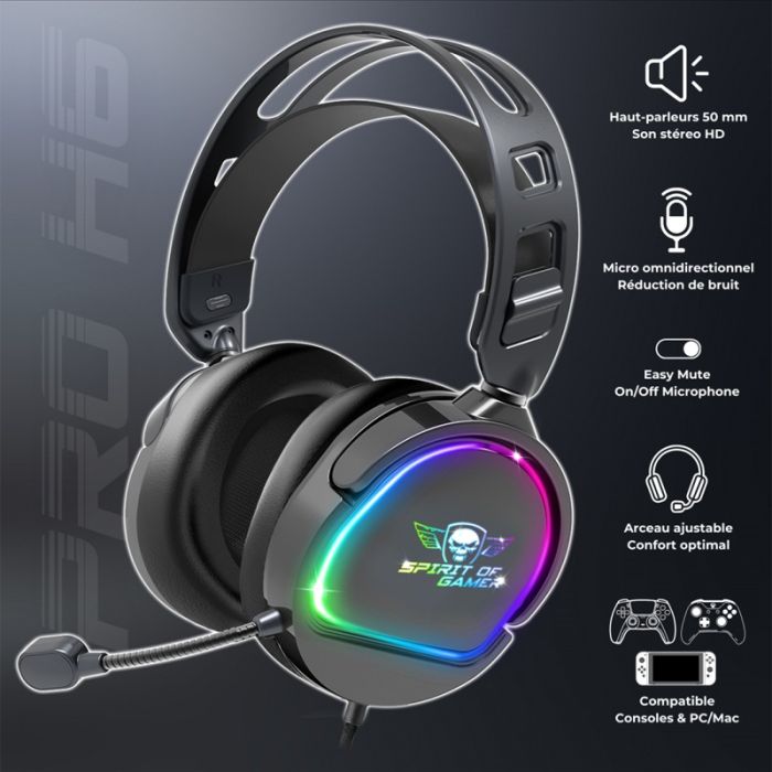 Micro Casque Gaming Filaire Spirit Of Gamer Pro H6 RGB - Noir