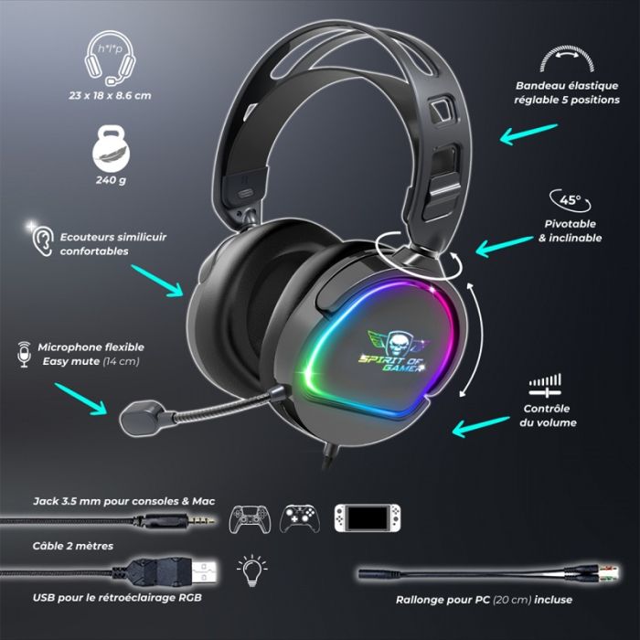 Micro Casque Gaming Filaire Spirit Of Gamer Pro H6 RGB - Noir