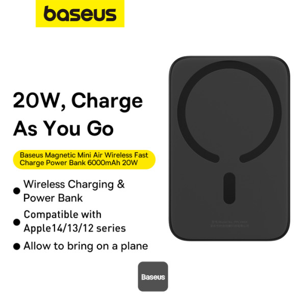 Power Bank Baseus Mini Air 6000mAh Batterie externe sans fil magnétique 15W avec port PD 20W Type-C - Noir